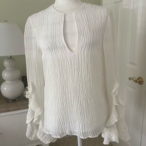 white long sleeve blouse with long flowy sleeves.